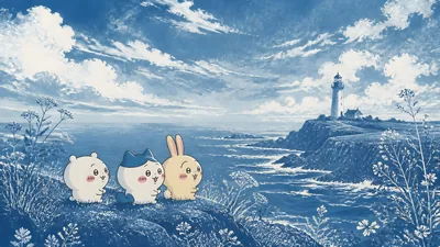 ちいかわ、ハチワレ、うさぎが青い海辺の灯台を眺める癒やしのPC壁紙
