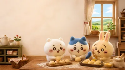 Chiikawa, Hachiware, and Usagi baking bread in a cozy kitchen for PC Wallpaper