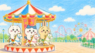 놀이공원에서 즐겁게 회전목마를 타는 치이카와, 하치와레, 우사기 데스크톱 배경화면
