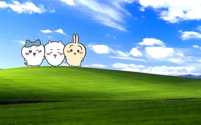 Chiikawa, Hachiware, and Usagi holding hands on a green hill for PC Wallpaper
