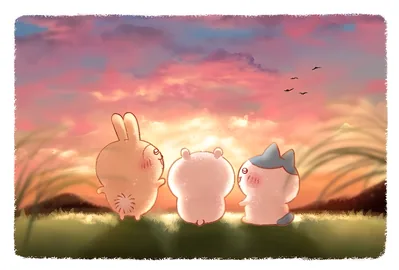 노을을 바라보는 치이카와, 하치와레, 우사기의 감성적인 데스크톱 배경화면