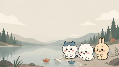 하치와레, 치이카와, 우사기가 호숫가에서 종이배를 띄우며 노는 귀여운 데스크톱 배경화면