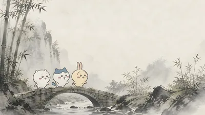 치이카와, 하치와레, 우사기가 아름다운 수묵화 돌다리를 건너는 데스크톱 배경화면
