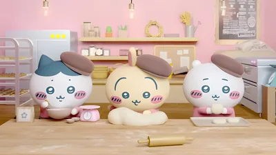 치이카와, 하치와레, 우사기가 핑크색 주방에서 빵을 만드는 귀여운 데스크톱 배경화면