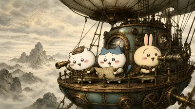 치이카와, 하치와레, 우사기가 레트로 스팀펑크 비행선을 타고 탐험하는 데스크톱 배경화면