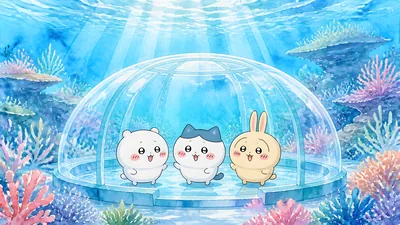 ちいかわ、ハチワレ、うさぎが幻想的な水中のドームにいるPC高画質壁紙