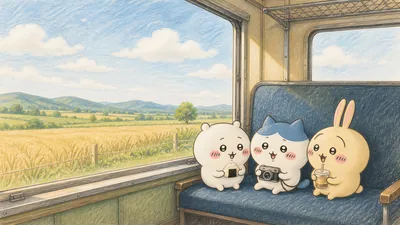 치이카와, 하치와레, 우사기가 기차를 타고 여행하는 데스크톱 배경화면
