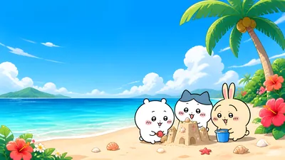 치이카와, 하치와레, 우사기가 푸른 해변에서 모래성을 쌓는 데스크톱 배경화면