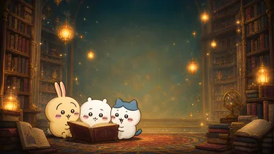 신비로운 도서관에서 책을 읽는 치이카와, 하치와레, 우사기 데스크톱 배경화면