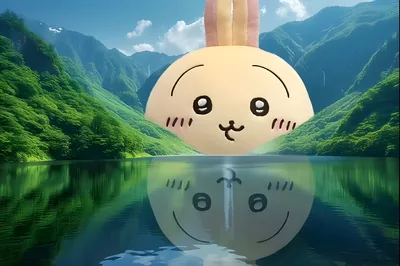 Chiikawa Usagi reflecting in a peaceful mountain lake landscape for PC Wallpaper