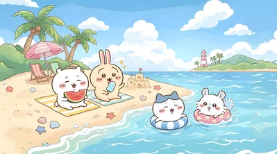 치이카와, 우사기, 하치와레, 모몽가가 해변에서 여름 휴가를 즐기는 데스크톱 배경화면