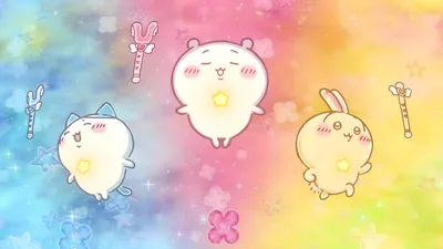 치이카와, 하치와레, 우사기가 몽환적인 무지개 밤하늘을 나는 데스크톱 고화질 배경화면