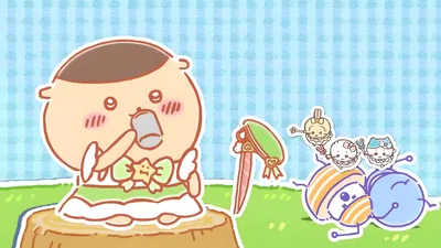 치이카와, 하치와레, 우사기 캐릭터가 그루터기 옆에서 쉬는 데스크톱 고화질 배경화면
