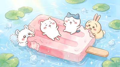 치이카와, 하치와레, 우사기, 모몽가가 아이스크림 위에 있는 데스크톱 고화질 배경화면