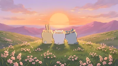 치이카와, 우사기, 하치와레가 꽃 언덕에서 노을을 보는 데스크톱 고화질 배경화면