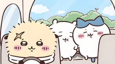 Rakko driving Chiikawa and Hachiware on a scenic car trip for PC Wallpaper