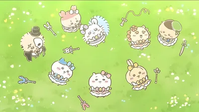 魔法少女姿のちいかわ、ハチワレ、うさぎたちが草原に寝転ぶかわいいPC壁紙