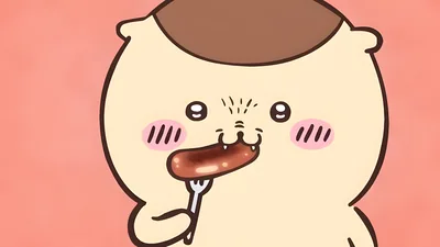 Cute Kurimanju happily eating a delicious grilled sausage for PC Wallpaper