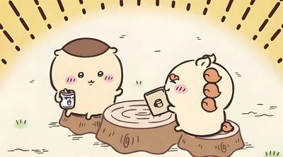 くりまんじゅうとちいかわキャラクターが切り株で楽しく乾杯するPC壁紙