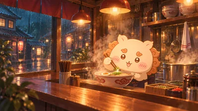 雨の夜に温かいラーメン屋で美味しそうにラーメンを食べるシーサーのPC壁紙