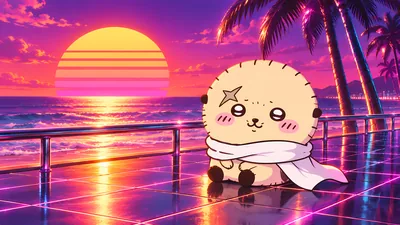 レトロなネオンが輝く夕暮れのビーチに佇む可愛いラッコのPC高画質壁紙