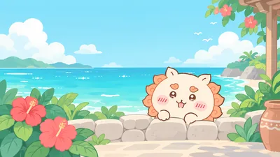 青い海とハイビスカスが美しい南国の石垣からひょっこり覗くシーサーのPC壁紙