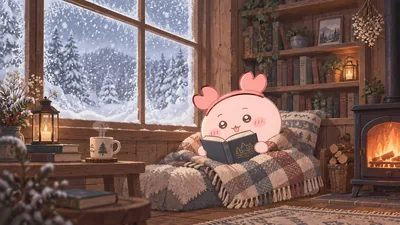 雪の降る冬の山小屋で暖炉にあたりながら読書する古本屋の癒やしPC待ち受け