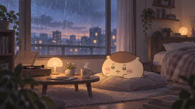 可爱的栗子馒头趴在柔软坐垫上，望着窗外雨夜享受热饮的治愈系电脑壁纸