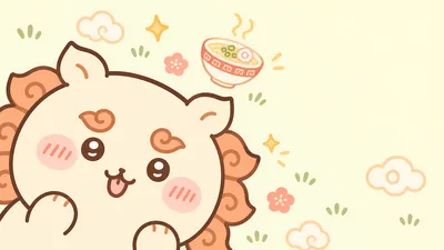 ラーメンを見つめて嬉しそうなシーサーの可愛いPC壁紙