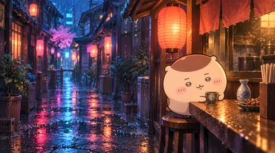 비 내리는 밤 이자카야 골목에서 한잔하는 밤만쥬의 힐링 데스크톱 배경화면