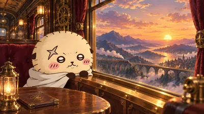 レトロな列車の窓辺から夕日と雲海を眺めるラッコの癒やしPC高画質壁紙