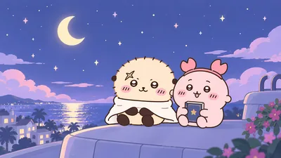星空と月夜の海辺で佇むラッコと古本屋の可愛いPC高画質壁紙