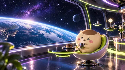 栗子馒头在未来太空舱中惬意喝茶并眺望美丽地球全景的治愈系电脑背景图片