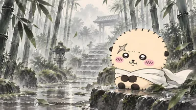ちいかわのラッコが雨上がりの幻想的な竹林の石段に佇む高画質PC壁紙