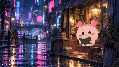 雨の降る夜の書店先で読書を楽しむちいかわの古本屋、癒しの夜景PC高画質壁紙