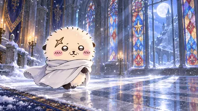 雪降る幻想的な大聖堂で白いマントを羽織るラッコの癒やしPC壁紙