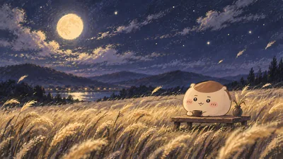 가을 억새밭에서 보름달을 보며 차를 마시는 귀여운 밤만쥬 데스크톱 배경화면