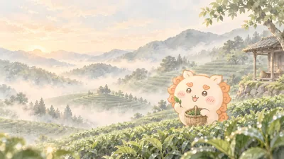 朝霧が広がる茶畑で楽しそうに茶摘みをするシーサーの癒やしPC壁紙