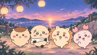 くりまんじゅう、ラッコ、シーサー、古本屋が夕暮れの海辺を散歩するPC高画質壁紙