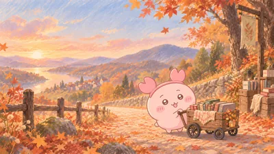 夕焼けの美しい紅葉並木で本を乗せた手押し車を押す古本屋の癒やしPC壁紙