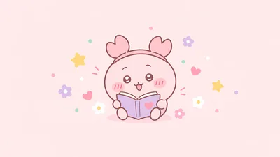 お花と星に囲まれて楽しそうに本を読む古本屋の可愛いイラストPC壁紙