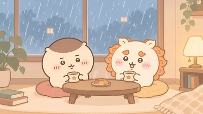 雨の日に室内で温かいお茶を飲んで寛ぐくりまんじゅうとシーサーの癒やしPC壁紙