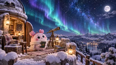 満天の星空と幻想的なオーロラの下で読書を楽しむ古本屋の冬景色PC壁紙