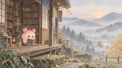 ちいかわ古本屋が霧深い山の古民家で読書を楽しむ穏やかな朝の風景 PC高画質壁紙