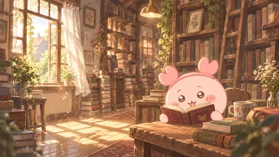 日差しが差し込む温もりあふれる本屋で読書をする古本屋の癒やしPC待ち受け