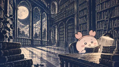 月明かりが差し込む幻想的な大図書館で読書する古本屋のPC待ち受け