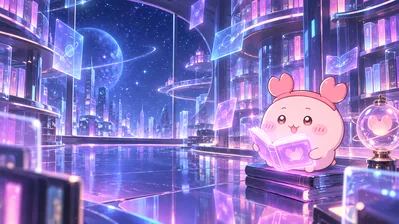 ちいかわの古本屋が近未来の宇宙図書館で本を読む幻想的で可愛いPC高画質壁紙