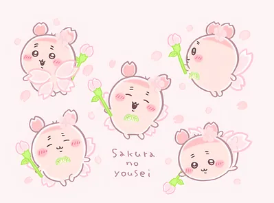 ピンクの桜の妖精に変身した可愛いちいかわが花びらと舞うPCデスクトップ壁紙