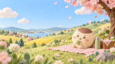 春暖花开，栗子馒头在粉色樱花树下惬意野餐喝茶的治愈系电脑壁纸
