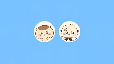 青い背景に並んだくりまんじゅうとラッコの可愛い丸型アイコン風PC壁紙